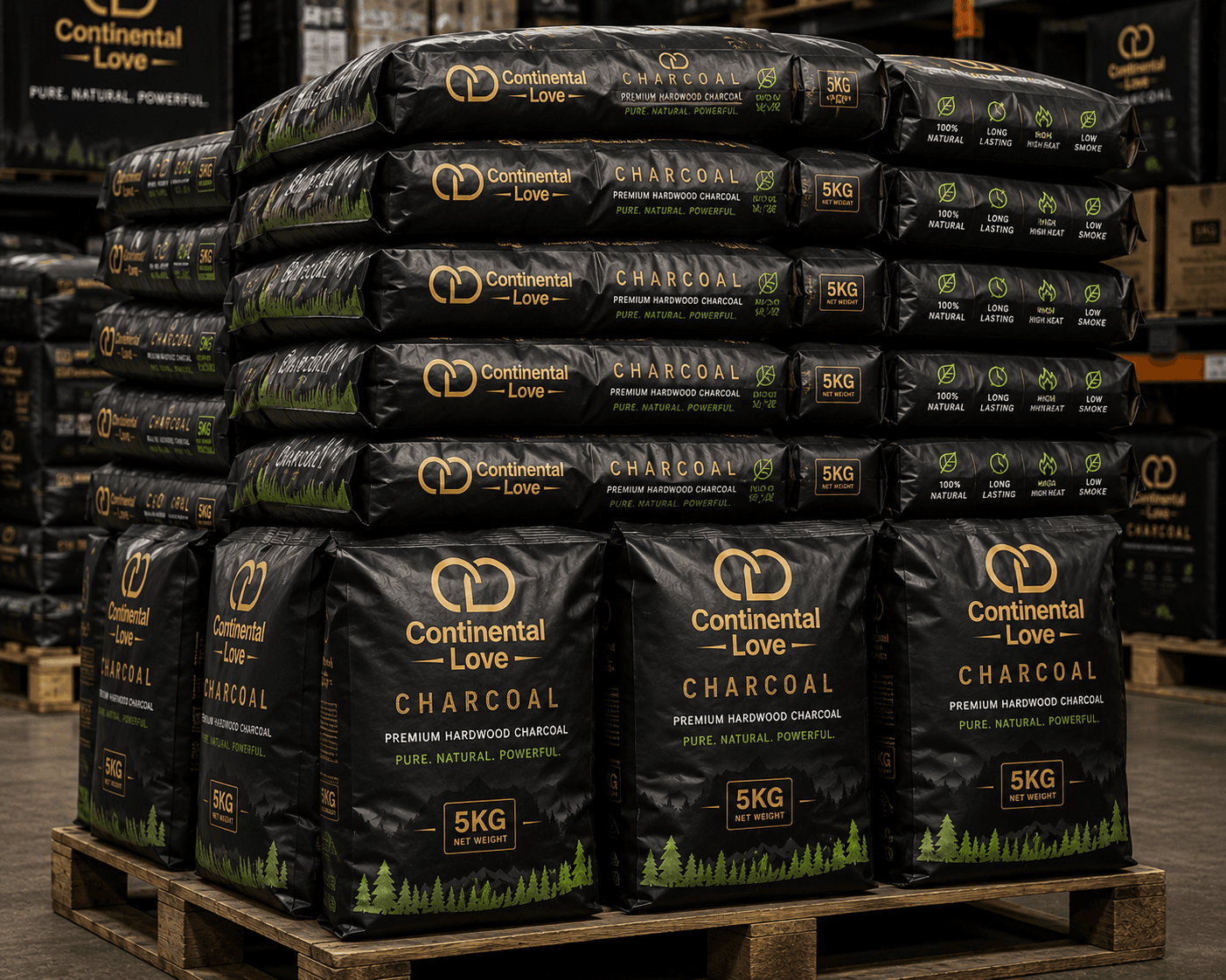 Continental Love charcoal bags prepared on a pallet